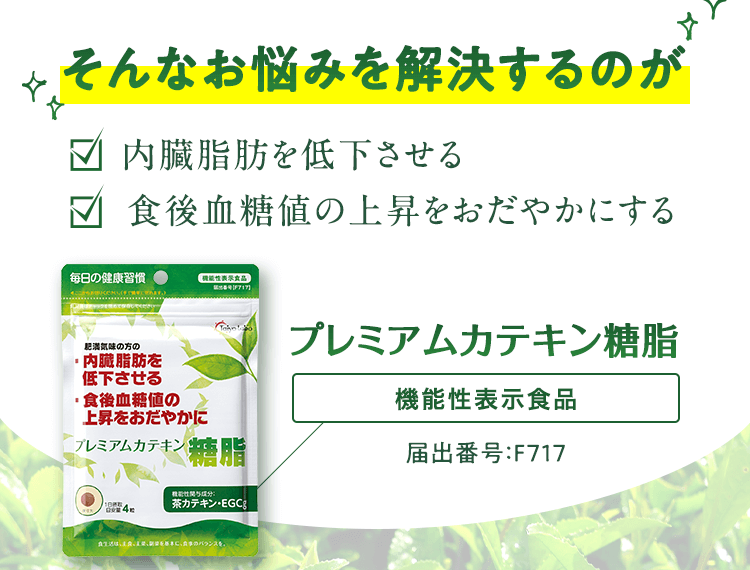 そんなお悩みを解決するのが　内臓脂肪を低下させる 食後血糖値の上昇をおだやかにする　プレミアムカテキン糖脂