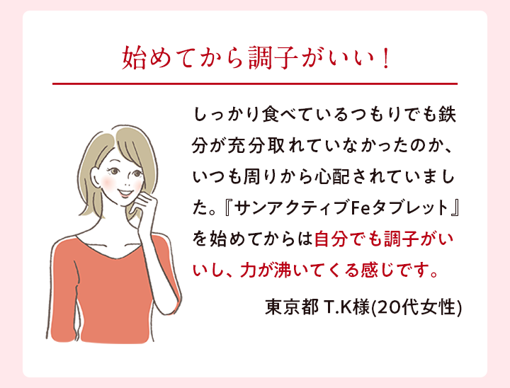 始めてから調子がいい！しっかり食べているつもりでも鉄分が充分取れていなかったのか、いつも周りから心配されていました｡『サンアクティブFeタブレット』を始めてからは自分でも調子がいいし、力が沸いてくる感じです。 東京都 T.K様(20代女性)