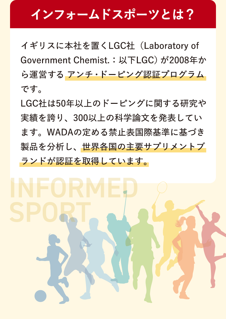 インフォームドスポーツとは？ イギリスに本社を置くLGC社（Laboratory of Government Chemist.: 以下LGC）が2008年から運営する アンチ・ドーピング認証プログラム です。LGC社は50年以上のドーピングに関する研究や実績を誇り、300以上の科学論文を発表しています。WADAの定める禁止表国際基準に基づき製品を分析し、世界各国の主要サプリメントブランドが認証を取得しています。