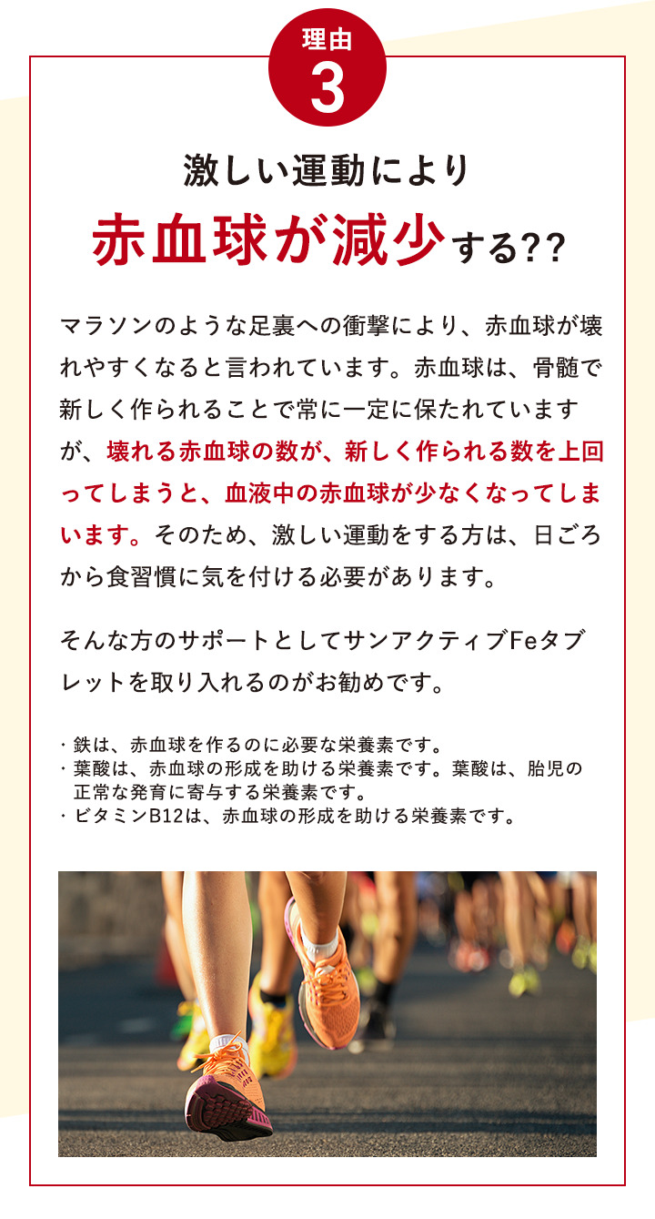 理由 3 激しい運動により赤血球が減少するから マラソンのような足裏への衝撃により、赤血球が壊れやすくなることで起きる「運動性溶血性貧血」という貧血があります。赤血球は、骨髄で新しく作られることで常に一定に保たれていますが、壊れる赤血球の数が、新しく作られる数を上回ってしまうと、血液中の赤血球が少なくなり、貧血となってしまいます。