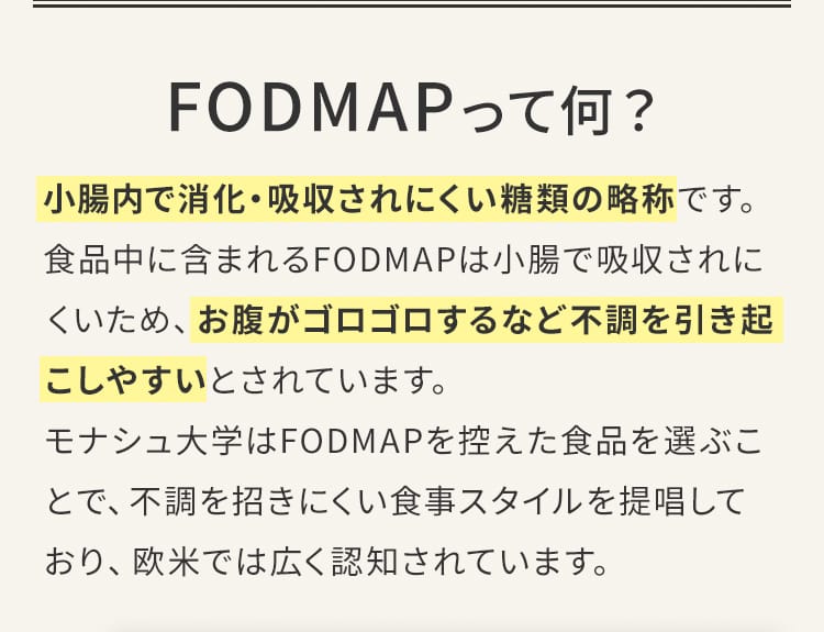 FODMAPって何？ 小腸内で消化・吸収されにくい糖類の略称です。食品中に含まれるFODMAPは小腸で吸収されにくいため、お腹がゴロゴロするなど不調を引き起こしやすいとされています。モナシュ大学はFODMAPを控えた食品を選ぶことで、不調を招きにくい食事スタイルを提唱しており、欧米では広く認知されています。